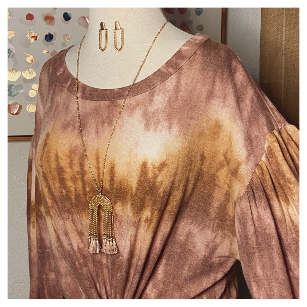 Camel and Mauve Tie Dye Statement Sleeve Blouse